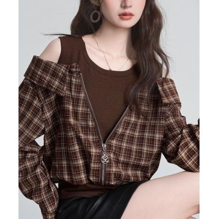 FA56053# 小众法式复古设计感假两件格子上衣早秋百搭拼接短款T 服裝批發女裝批發服飾貨源