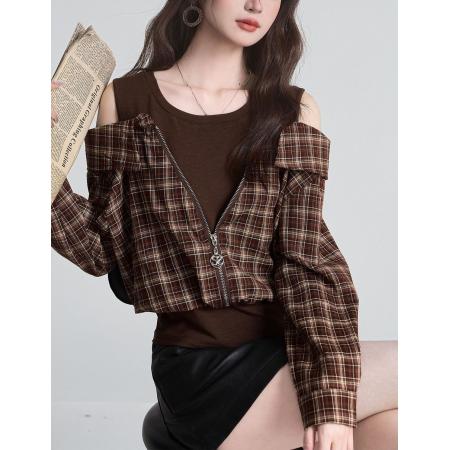 FA56053# 小众法式复古设计感假两件格子上衣早秋百搭拼接短款T 服裝批發女裝批發服飾貨源