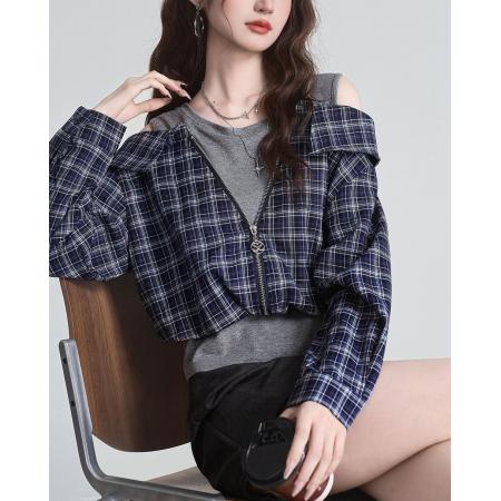 FA56053# 小众法式复古设计感假两件格子上衣早秋百搭拼接短款T 服裝批發女裝批發服飾貨源