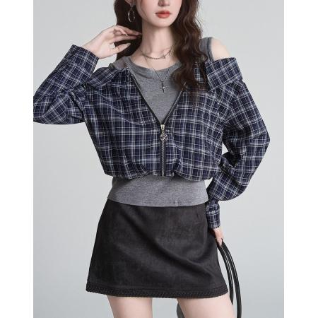 FA56053# 小众法式复古设计感假两件格子上衣早秋百搭拼接短款T 服裝批發女裝批發服飾貨源