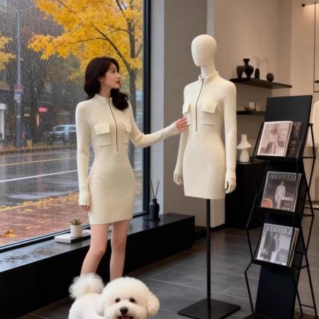 FA56056# 白色裙子修身包臀御姐春季短裙女新款长袖打底内搭针织连衣裙 服裝批發女裝批發服飾貨源