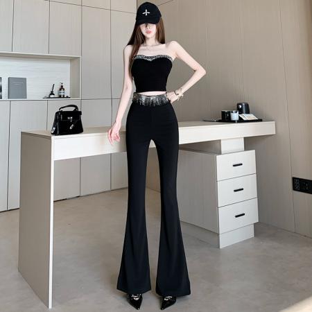 名媛辣妹风重工水钻流苏微喇裤女春新款设计感修身显瘦休闲裤 服裝批發女裝批發服飾貨源