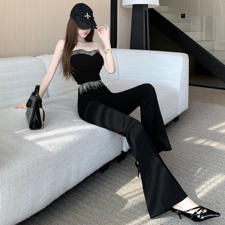 名媛辣妹风重工水钻流苏微喇裤女春新款设计感修身显瘦休闲裤 服裝批發女裝批發服飾貨源