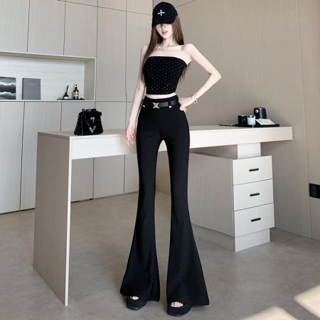 黑色辣妹满天星烫钻微喇休闲裤春季新款高腰修身显高显瘦长裤 服裝批發女裝批發服飾貨源