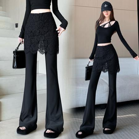 蕾丝拼接假两件微喇裤女早春新款高腰修身包臀蕾丝屁帘喇叭裤 服裝批發女裝批發服飾貨源