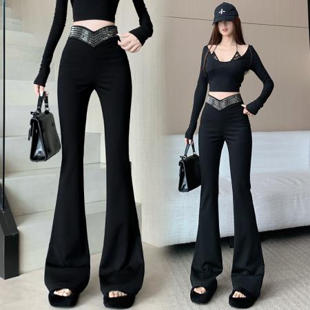 早春新款微弹时尚腰部烫钻喇叭裤女显瘦百搭垂感西装喇叭长裤 服裝批發女裝批發服飾貨源