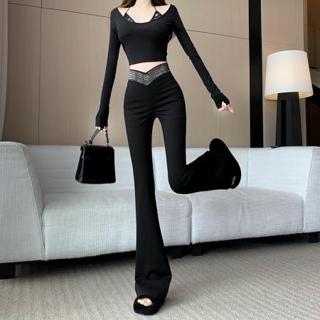 早春新款微弹时尚腰部烫钻喇叭裤女显瘦百搭垂感西装喇叭长裤 服裝批發女裝批發服飾貨源