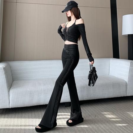 黑色烫钻休闲裤女早春新款流行百搭高腰显瘦时尚高级感微喇裤 服裝批發女裝批發服飾貨源