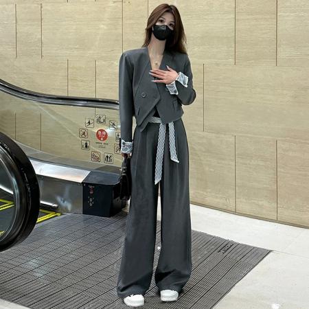 FA56063# 欧货气质两件套装春秋时尚蕾丝拼接翻袖西装外套+阔腿裤 服裝批發女裝批發服飾貨源