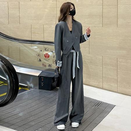 FA56063# 欧货气质两件套装春秋时尚蕾丝拼接翻袖西装外套+阔腿裤 服裝批發女裝批發服飾貨源