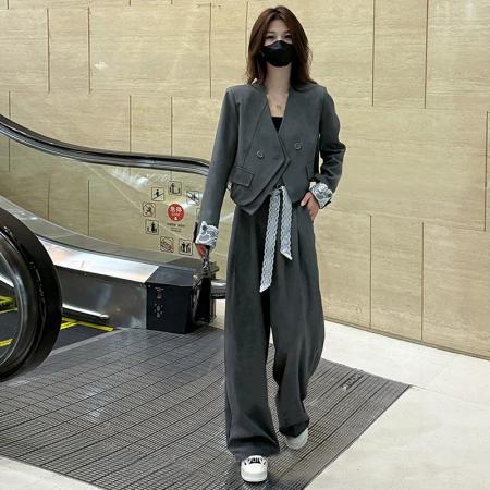 FA56063# 欧货气质两件套装春秋时尚蕾丝拼接翻袖西装外套+阔腿裤 服裝批發女裝批發服飾貨源