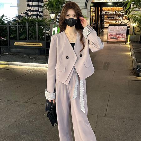 FA56063# 欧货气质两件套装春秋时尚蕾丝拼接翻袖西装外套+阔腿裤 服裝批發女裝批發服飾貨源