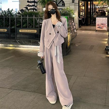 FA56063# 欧货气质两件套装春秋时尚蕾丝拼接翻袖西装外套+阔腿裤 服裝批發女裝批發服飾貨源