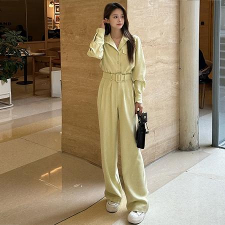 FA56065# 高级感休闲气质两件套衬衫阔腿裤腰带套装春秋时尚女装 服裝批發女裝批發服飾貨源