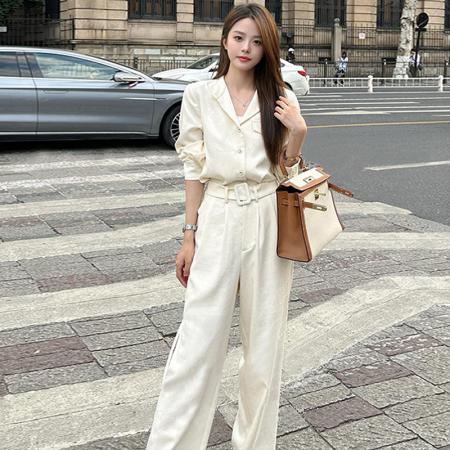 FA56065# 高级感休闲气质两件套衬衫阔腿裤腰带套装春秋时尚女装 服裝批發女裝批發服飾貨源