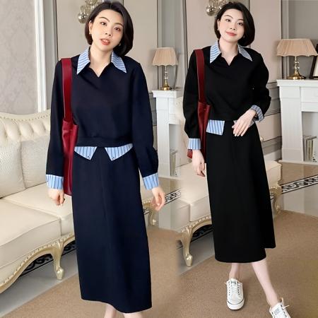 FA56066# 高端轻奢撞色拼接衬衫领卫衣套装春秋休闲半身裙两件套 服裝批發女裝批發服飾貨源
