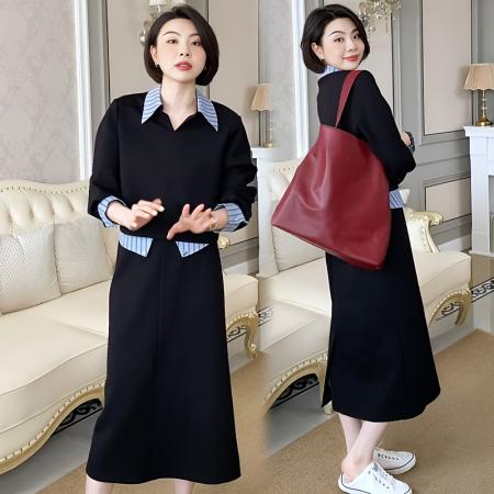 FA56066# 高端轻奢撞色拼接衬衫领卫衣套装春秋休闲半身裙两件套 服裝批發女裝批發服飾貨源