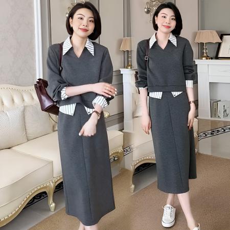 FA56066# 高端轻奢撞色拼接衬衫领卫衣套装春秋休闲半身裙两件套 服裝批發女裝批發服飾貨源