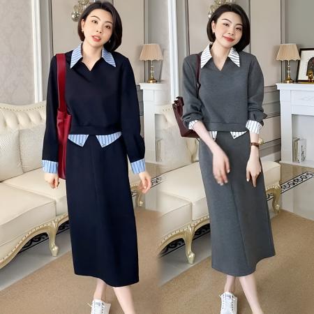 FA56066# 高端轻奢撞色拼接衬衫领卫衣套装春秋休闲半身裙两件套 服裝批發女裝批發服飾貨源