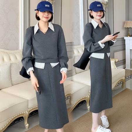 FA56066# 高端轻奢撞色拼接衬衫领卫衣套装春秋休闲半身裙两件套 服裝批發女裝批發服飾貨源