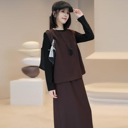 FA56068# 时尚连衣裙套装春秋洋气质显瘦马甲打底衫半身裙三件套 服裝批發女裝批發服飾貨源