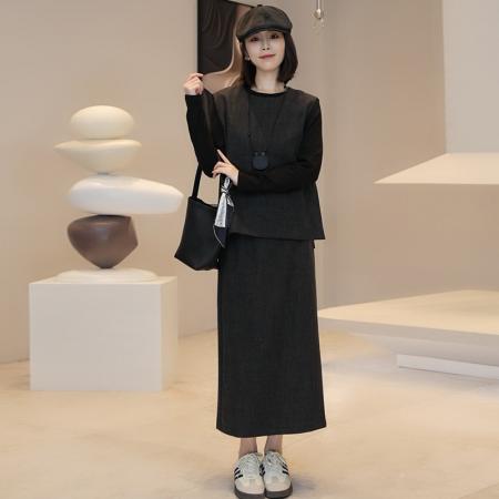 FA56068# 时尚连衣裙套装春秋洋气质显瘦马甲打底衫半身裙三件套 服裝批發女裝批發服飾貨源