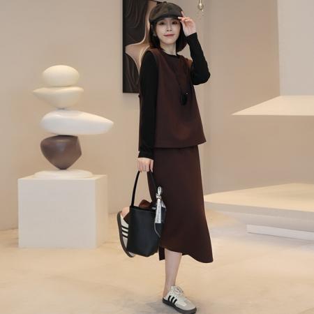 FA56068# 时尚连衣裙套装春秋洋气质显瘦马甲打底衫半身裙三件套 服裝批發女裝批發服飾貨源