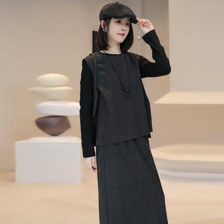 FA56068# 时尚连衣裙套装春秋洋气质显瘦马甲打底衫半身裙三件套 服裝批發女裝批發服飾貨源