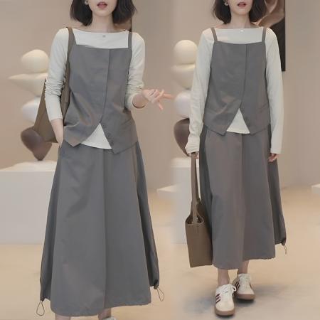 FA56069# 高级感气质休闲套装裙女春秋显瘦马甲半身裙打底三件套 服裝批發女裝批發服飾貨源