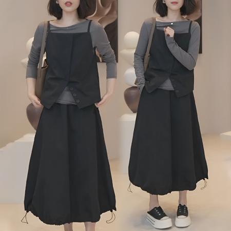 FA56069# 高级感气质休闲套装裙女春秋显瘦马甲半身裙打底三件套 服裝批發女裝批發服飾貨源