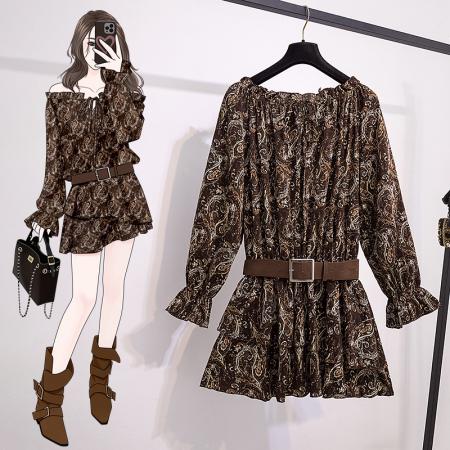 FA56076# 大码女装新款韩版高级感复古洋气碎花腰带蓬蓬裙衬裙连衣裙 服裝批發女裝批發服飾貨源