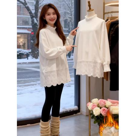 FA56079# 秋冬加绒白色蕾丝拼接长袖T恤女大码胖MM加厚内搭打底衫上衣 服裝批發女裝批發服飾貨源