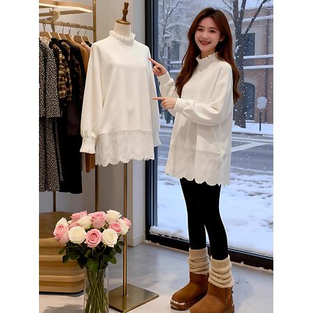 FA56079# 秋冬加绒白色蕾丝拼接长袖T恤女大码胖MM加厚内搭打底衫上衣 服裝批發女裝批發服飾貨源