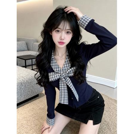 FA56080# 春上新假两件格纹撞色设计修身显瘦纯欲风长袖T恤女上衣 服裝批發女裝批發服飾貨源