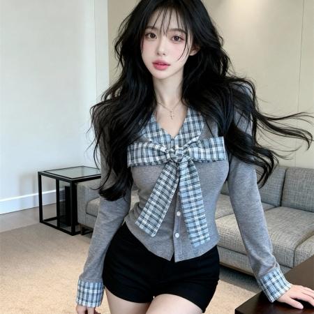 FA56080# 春上新假两件格纹撞色设计修身显瘦纯欲风长袖T恤女上衣 服裝批發女裝批發服飾貨源