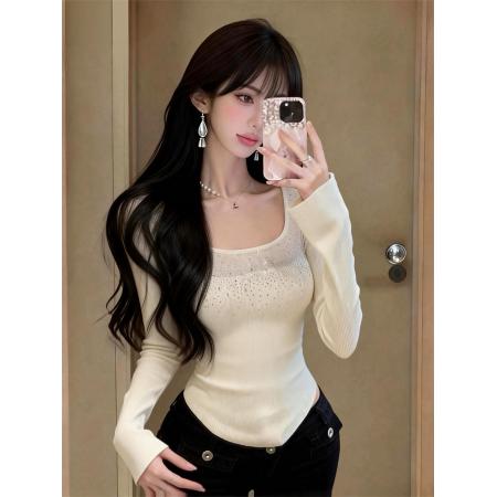 春上新纯欲U领烫钻长袖针织衫女高级感内搭上衣女 服裝批發女裝批發服飾貨源