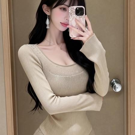 春上新纯欲U领烫钻长袖针织衫女高级感内搭上衣女 服裝批發女裝批發服飾貨源