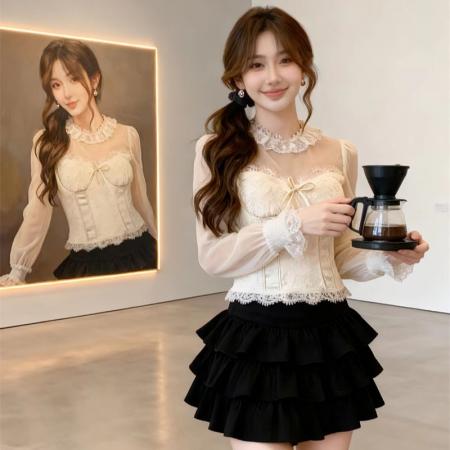FA56085# 春季法式宫廷风复古网纱蕾丝拼接内搭衬衫女重工精致收腰衬衣 服裝批發女裝批發服飾貨源