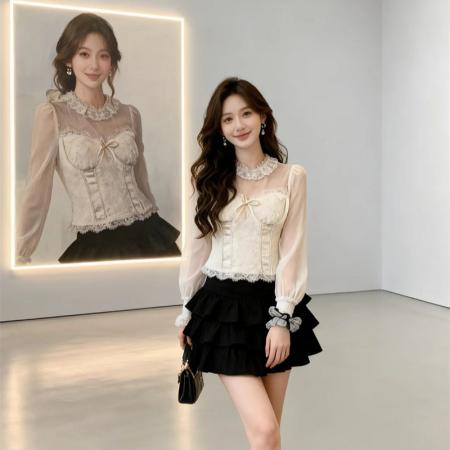 春季法式宫廷风复古网纱蕾丝拼接内搭衬衫女重工精致收腰衬衣 服裝批發女裝批發服飾貨源