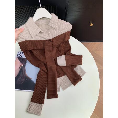 撞色拼接假两件翻领针织衫女新款独特飘带上衣 服裝批發女裝批發服飾貨源