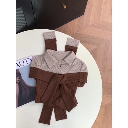 撞色拼接假两件翻领针织衫女新款独特飘带上衣 服裝批發女裝批發服飾貨源