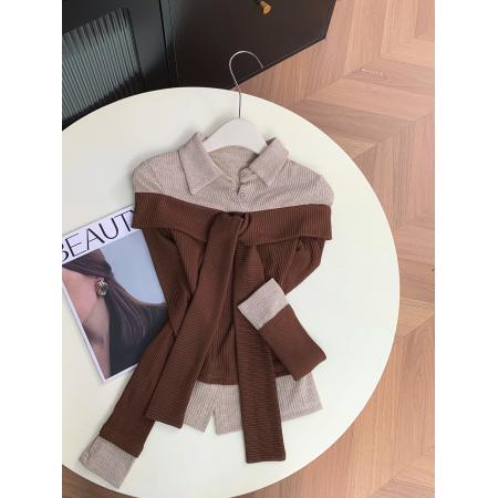 撞色拼接假两件翻领针织衫女新款独特飘带上衣 服裝批發女裝批發服飾貨源