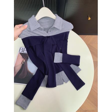 撞色拼接假两件翻领针织衫女新款独特飘带上衣 服裝批發女裝批發服飾貨源