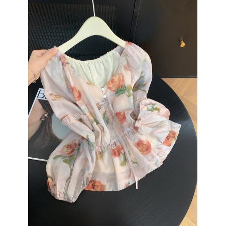 法式温柔风气质印花长袖衬衫女新款时尚小众别致上衣 服裝批發女裝批發服飾貨源