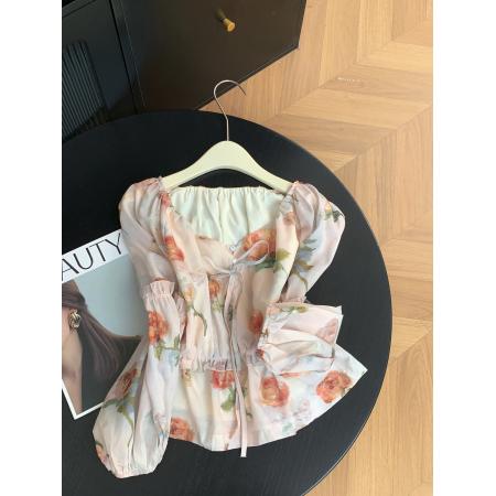 法式温柔风气质印花长袖衬衫女新款时尚小众别致上衣 服裝批發女裝批發服飾貨源