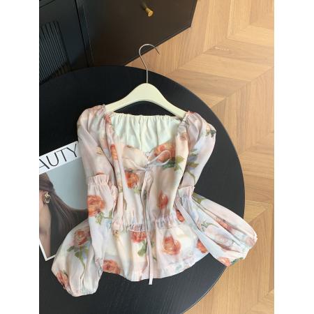 法式温柔风气质印花长袖衬衫女新款时尚小众别致上衣 服裝批發女裝批發服飾貨源