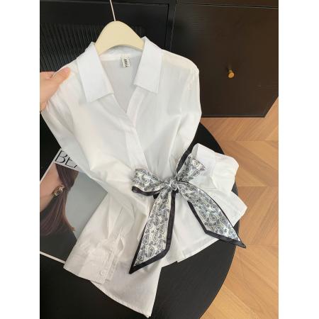 法式气质轻熟风丝巾绑带收腰衬衫女时尚V领长袖上衣 服裝批發女裝批發服飾貨源