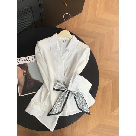 法式气质轻熟风丝巾绑带收腰衬衫女时尚V领长袖上衣 服裝批發女裝批發服飾貨源