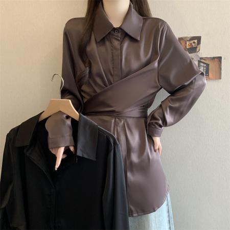 美拉德醋酸缎面长袖衬衫女早春大码胖mm高级感中长款收腰上衣 服裝批發女裝批發服飾貨源