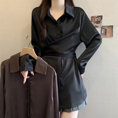 美拉德醋酸缎面长袖衬衫女早春大码胖mm高级感中长款收腰上衣 服裝批發女裝批發服飾貨源